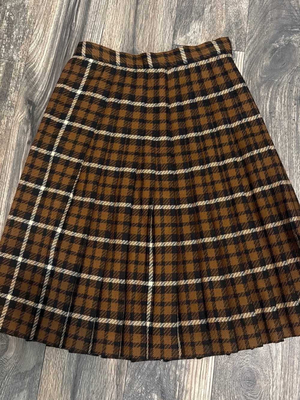 Vintage Breckenridge Wool Plaid Pleated A-Line Skirt Brown Black Schoolgirl Prep